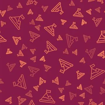 Brown line Mountains with flag on top icon isolated seamless pattern on red Stock Illustration