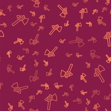 Brown line Native american tomahawk axe icon isolated seamless pattern on red Stock Illustration