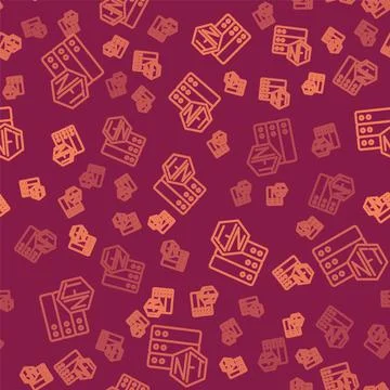 Brown line NFT blockchain technology icon isolated seamless pattern on red Stock Illustration