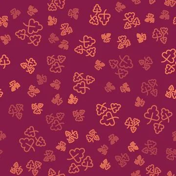 Brown line Oak leaf icon isolated seamless pattern on red background. Vector Stock Illustration