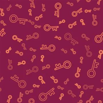 Brown line Old key icon isolated seamless pattern on red background. Vector Stock Illustration