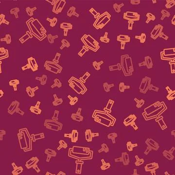 Brown line Paint roller brush icon isolated seamless pattern on red background Stock Illustration