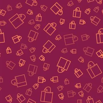 Brown line Paper bag with bread loaf icon isolated seamless pattern on red Stock Illustration