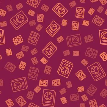 Brown line Passport with biometric data icon isolated seamless pattern on red Stock Illustration