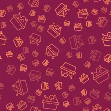 Brown line Plastic basin with soap suds icon isolated seamless pattern on red Stock Illustration