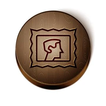 Brown line Postal stamp icon isolated on white background. Wooden circle button Stock Illustration