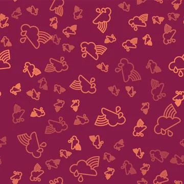 Brown line Rainbow with cloud and rain icon isolated seamless pattern on red Stock Illustration