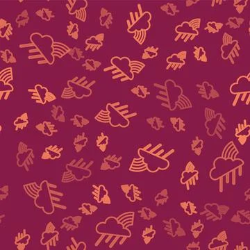 Brown line Rainbow with cloud and rain icon isolated seamless pattern on red Stock Illustration