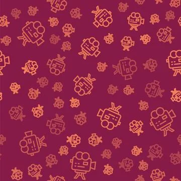 Brown line Retro cinema camera icon isolated seamless pattern on red backgrou Illustrazione stock