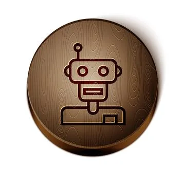 Brown line Robot icon isolated on white background. Wooden circle button. Vec Stock Illustration