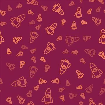 Brown line Rocket ship icon isolated seamless pattern on red background. Space Stock Illustration