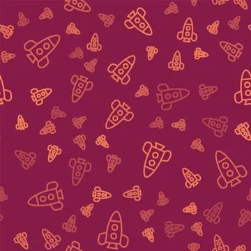 Brown line Rocket ship toy icon isolated seamless pattern on red background Stock Illustration