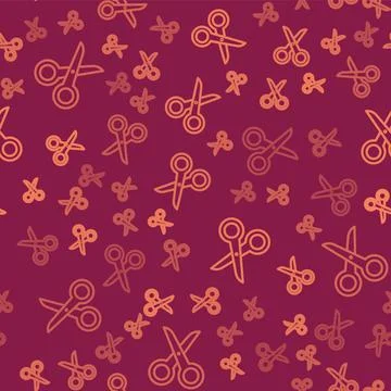 Brown line Scissors icon isolated seamless pattern on red background. Cutting Stock Illustration