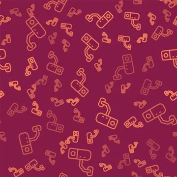 Brown line Security camera icon isolated seamless pattern on red background イラスト素材