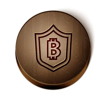 Brown line Shield with bitcoin icon isolated on white background. Cryptocurre Illustrazione stock