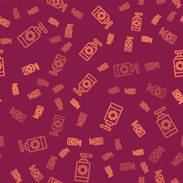 Brown line Sunscreen spray bottle icon isolated seamless pattern on red Stock Illustration