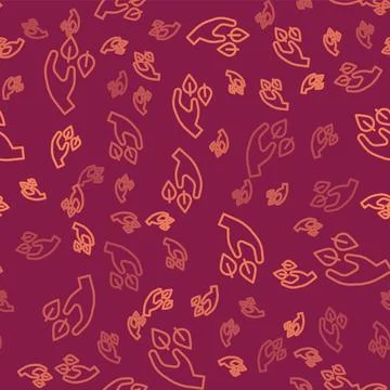 Brown line Tea leaf in hand icon isolated seamless pattern on red backgroun.. Stock Illustration