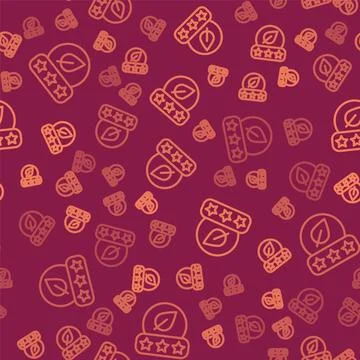 Brown line Tea leaf icon isolated seamless pattern on red background. Tea l.. Illustrazione stock