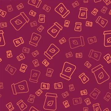 Brown line Tea packaging icon isolated seamless pattern on red background. Paper Stock Illustration