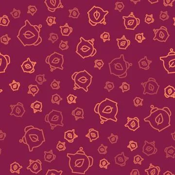 Brown line Teapot with leaf icon isolated seamless pattern on red background Illustrazione stock