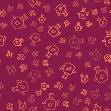 Brown line Teapot with leaf icon isolated seamless pattern on red backgroun.. Illustrazione stock