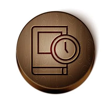 Brown line Time for book icon isolated on white background. Wooden circle button Illustrazione stock