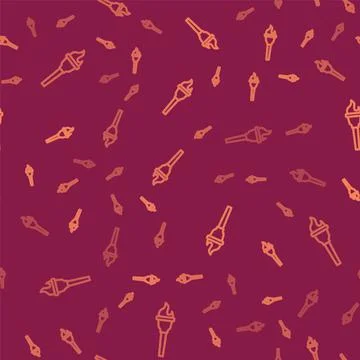 Brown line Torch flame icon isolated seamless pattern on red background. Symbol 스톡 일러스트