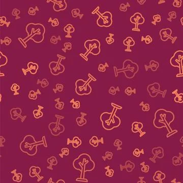 Brown line Tree icon isolated seamless pattern on red background. Forest symbol Stock Illustration