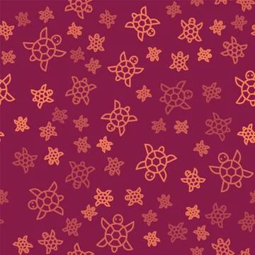 Brown line Turtle icon isolated seamless pattern on red background. Vector 스톡 일러스트