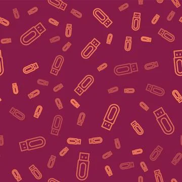 Brown line USB flash drive icon isolated seamless pattern on red background.  Stock Illustration