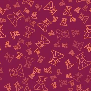 Brown line Volcano eruption with lava icon isolated seamless pattern on red Stock Illustration
