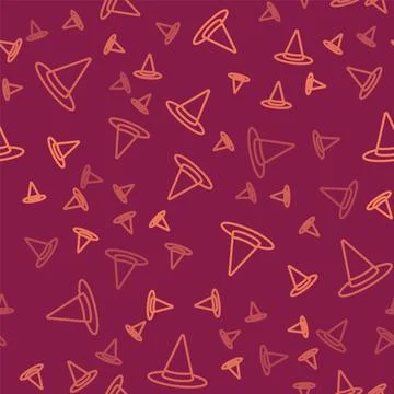 Brown line Witch hat icon isolated seamless pattern on red background. Happy Illustrazione stock
