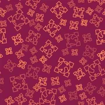 Brown line World globe with compass icon isolated seamless pattern on red Illustrazione stock