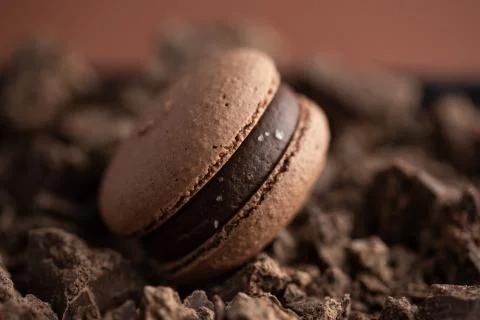 Brown macaroons on chocolate background macro Stock Photos