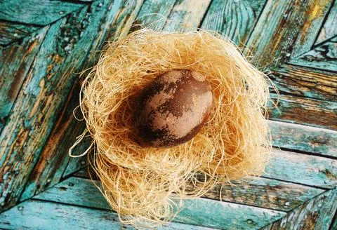 Brown marbled Easter dyed egg on coconut fiber on a turquoise wood background Stock Photos
