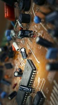 Brown microcircuit vertical photo, computer technology concept Stock Photos