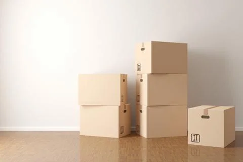 Brown moving storage cardboard boxes stacked in empty room in apartment or ho イラスト素材