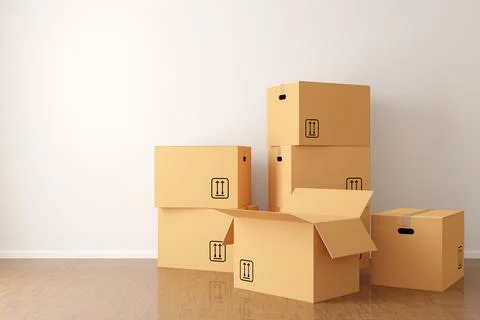 Brown moving storage cardboard boxes closed and open stacked in empty room in Stock Illustration