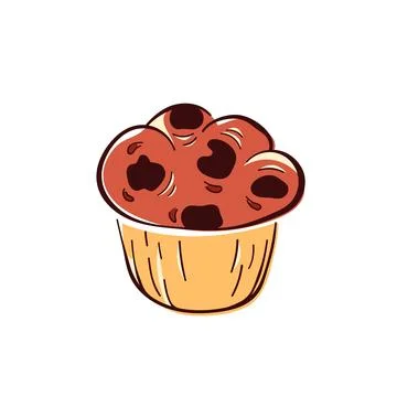 Brown Muffin with chocolate in flat style. Design of sweet baked cupcake for Stock Illustration