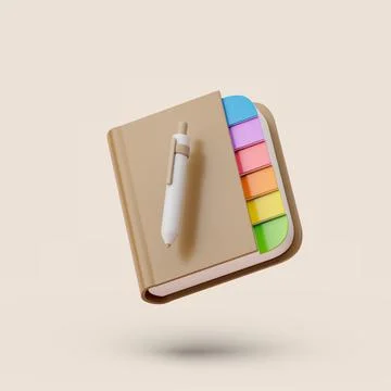 Brown Note book with colored labels and pen on pastel background. Simple 3d r Stock Illustration