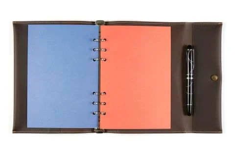 Brown notebook with blue &amp; red pape Stock Photos