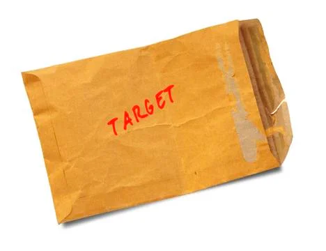 Brown old envelope stamp "target" isolated on white background Stock Photos