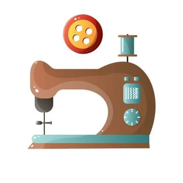 Brown old retro model sewing machine with spool of thread and big button Stock Illustration