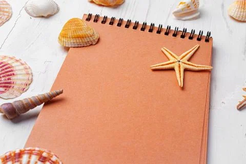 Brown open notepad surrounded by sea shells on white wooden table closeup Foto stock