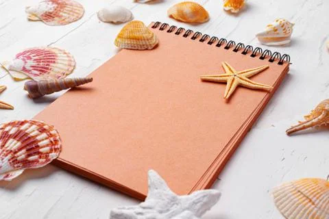 Brown open notepad surrounded by sea shells on white wooden table closeup Stock Photos