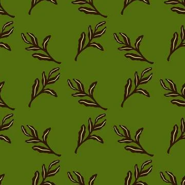 Brown outline leaf branches seamless pattern in hand drawn style. Green backg Stock Illustration