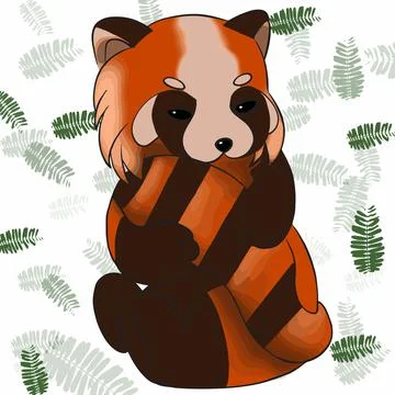 A brown panda sits and eats its tail, in the background a pater with weed Stock Illustration