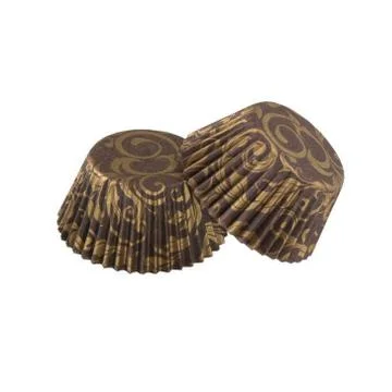 Brown paper baking forms for muffins and cupcakes with golden pattern Stock Photos