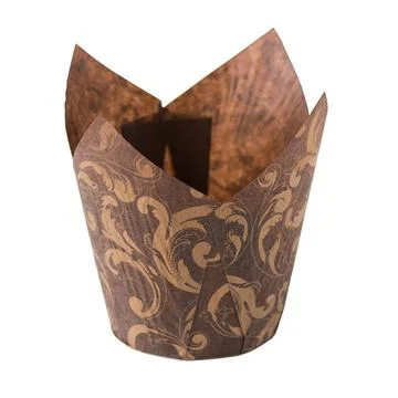 Brown paper baking Tulip forms for cakes with golden pattern Stock Photos