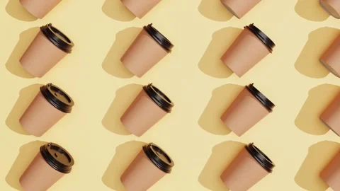 Brown paper coffee cups move on trendy pastel yellow background. Coffee to go. Stock Footage 160438971